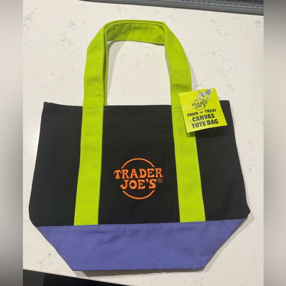 NWT Trader Joe’s black, purple & green mini tote bag